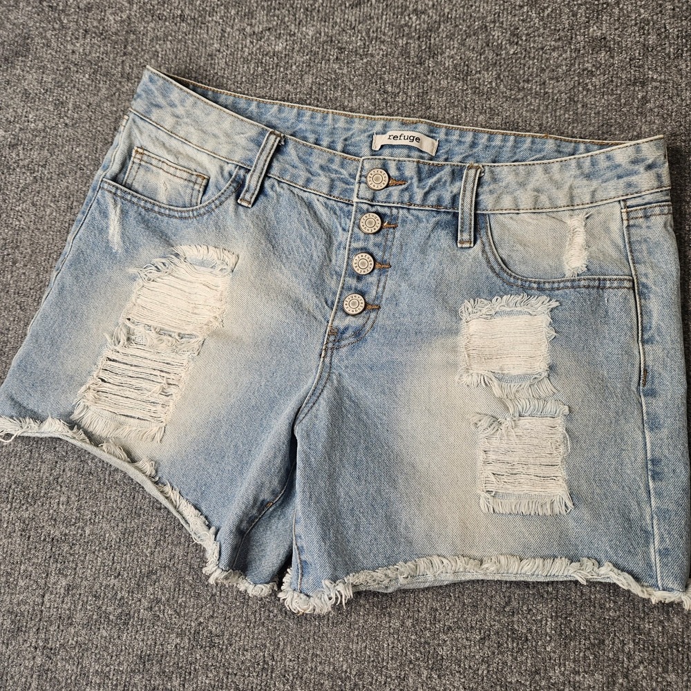 Refuge Women's Jean Shorts Cut Off Buttonfly Distressed Size 12 Festival Cowgirl